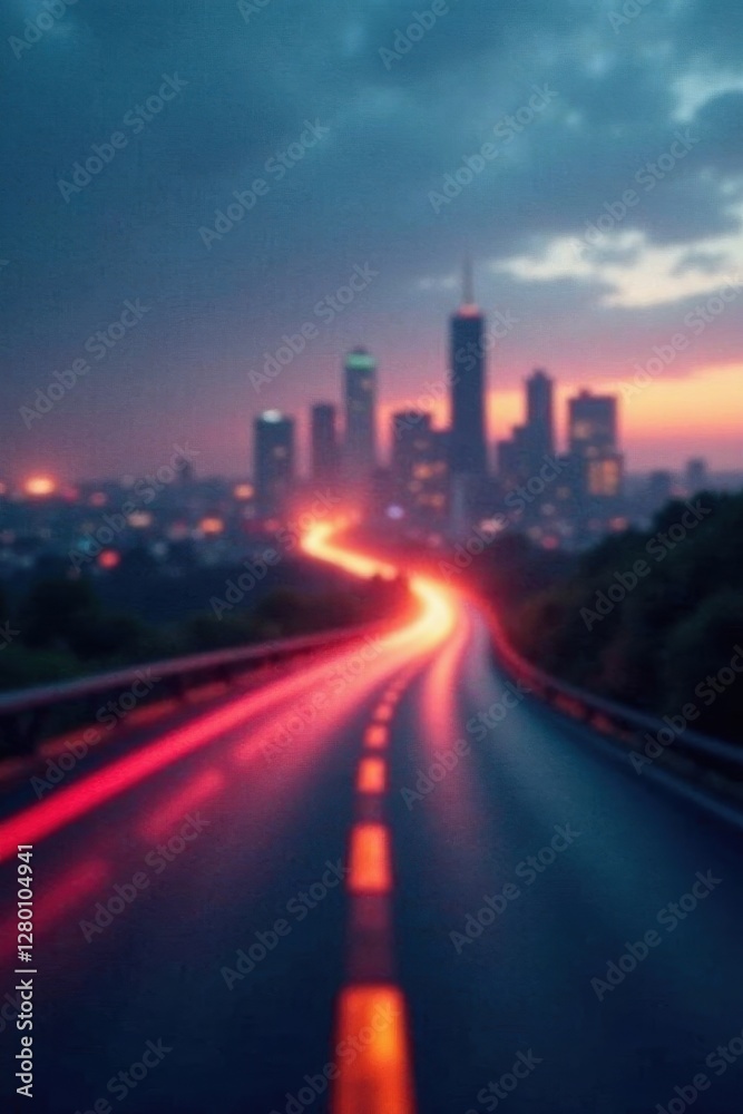 Fototapeta premium Blurred city skyline, winding road leading to bright light, risky venture, success, ambition