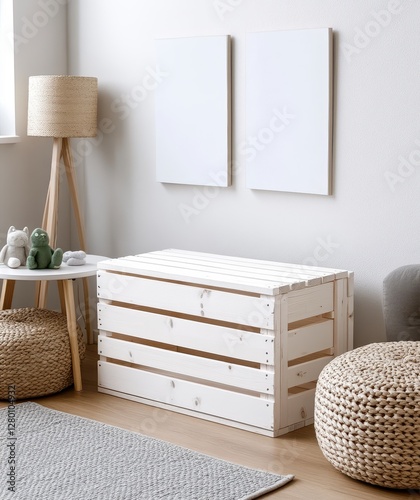 Obraz na płótnie White Wooden Crate Toy Chest in a Child's Room with Neutral Decor w salonie