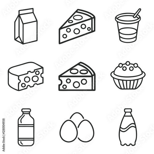 Milk Bottle and Dairy Foods Line Icons