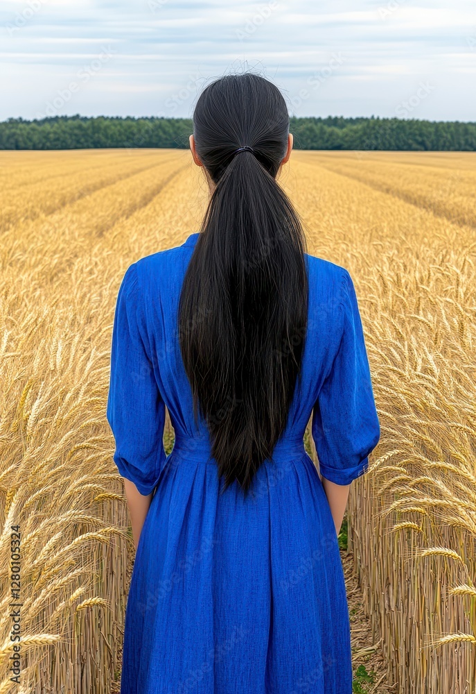 Woman in Blue Dress Contemplating Golden Wheat Field