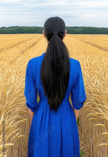 Obraz na płótnie Woman in Blue Dress Contemplating Golden Wheat Field w salonie