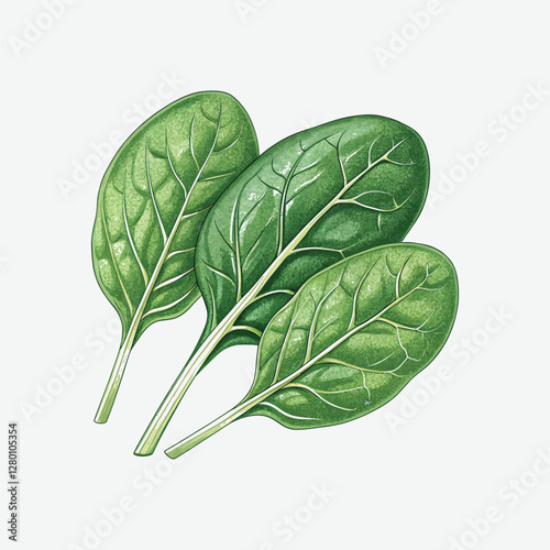 Discover a detailed spinach vector illustration with vibrant green leaves and realistic veining. Perfect for organic food designs, healthy lifestyle graphics, and digital art projects.