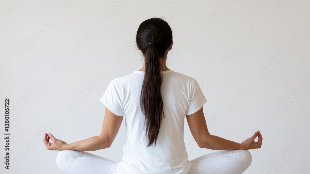 Woman in White Meditating Peaceful Pose Against a Simple White