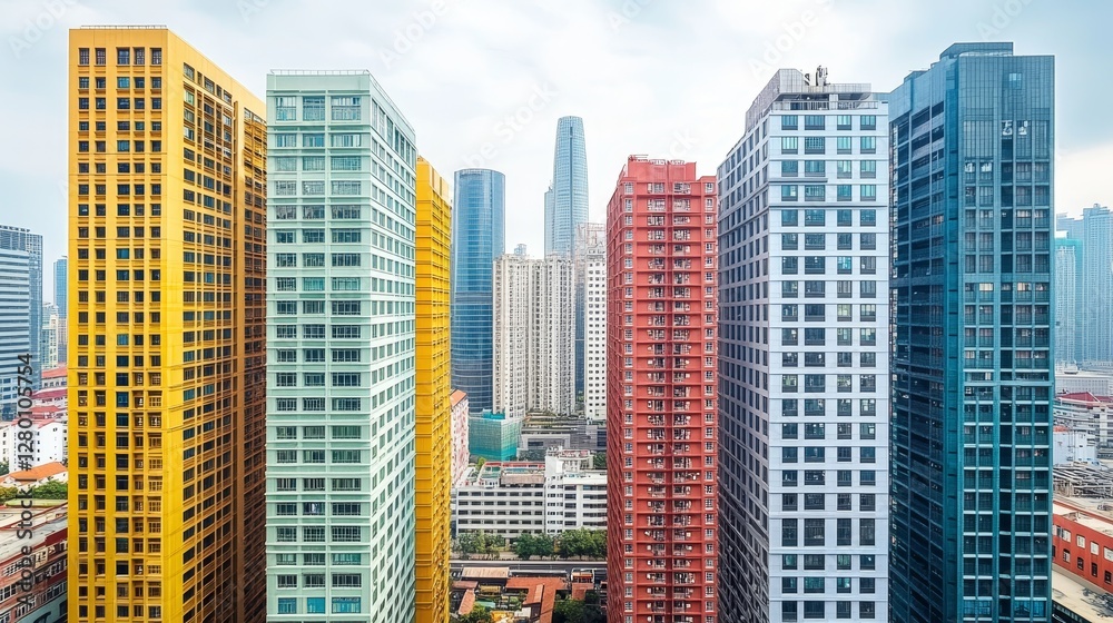 Obraz premium Dynamic city skyline showcasing modern high rise architecture with vibrant hues and intricate designs promoting urban development