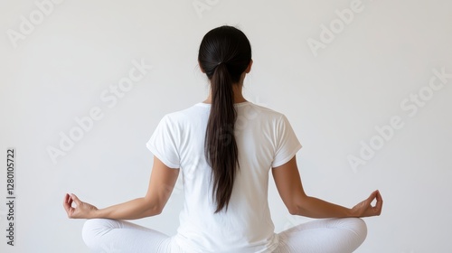Obraz na płótnie Woman in White Meditating Peaceful Pose Against a Simple White w salonie