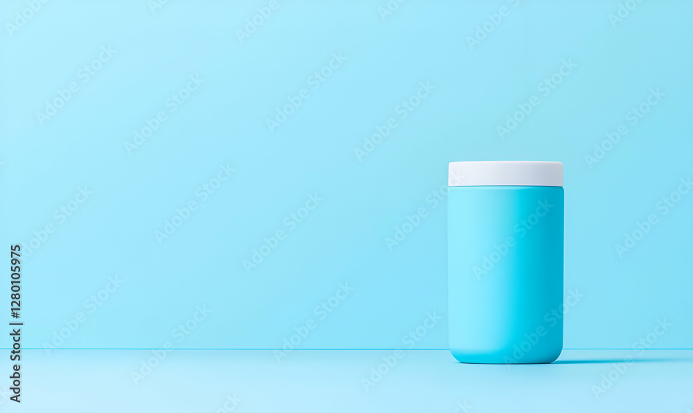 Minimalist Blue Container on Bright Blue Background for Design Purposes Minimalist Blue Container on Bright Blue Background for Design Purposes