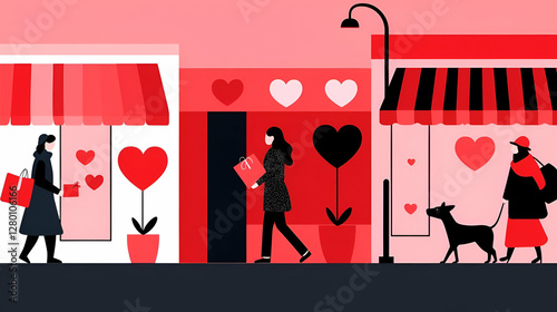 Vibrant City Scene with Women Shopping and Hearts Decorated Streets