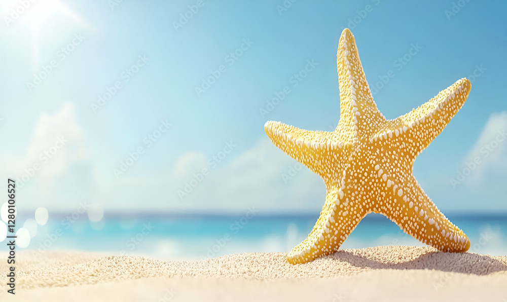 Vibrant Starfish on Sandy Beach Under Bright Blue Sky Vibrant Starfish on Sandy Beach Under Bright Blue Sky