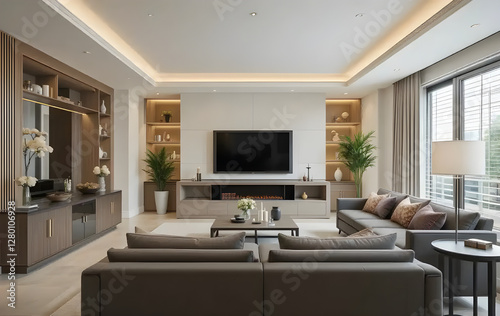 Minimalist TV Room in Brown Mocha Mousse 2025 – A clean and refined entertainment area with modern aesthetics, neutral-toned accents, and a warm, inviting atmosphere