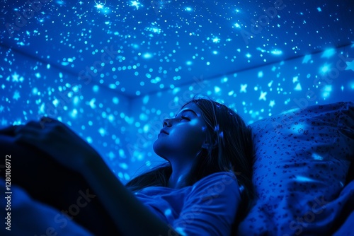 A girl turns on a tiny star projector before curling up under the covers. The ceiling glows with tiny constellations