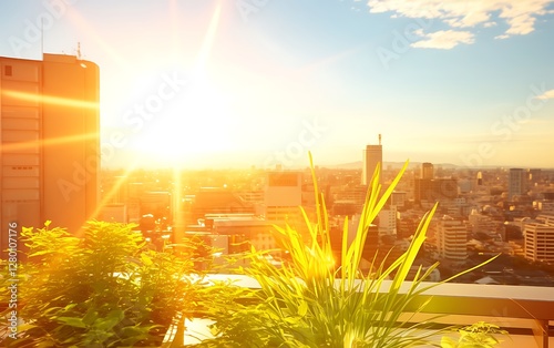 Sunrise city rooftop view