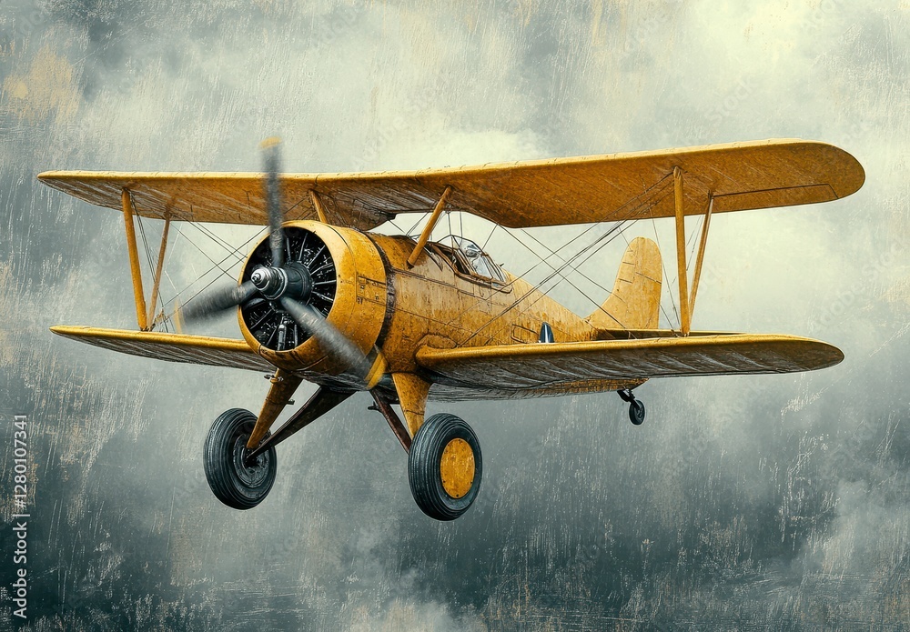 Yellow Biplane Soaring Through Gray Textured Clouds
