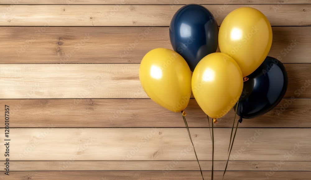 Yellow and Navy Blue Balloons on Rustic Wood Background