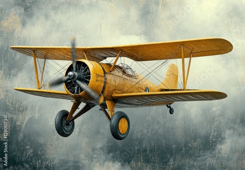 Obraz na płótnie Yellow Biplane Soaring Through Gray Textured Clouds w salonie