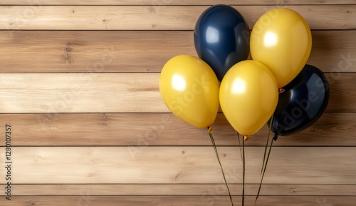 Obraz na płótnie Yellow and Navy Blue Balloons on Rustic Wood Background w salonie
