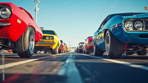 Drag racing cars lined up at the starting line under a clear blue sky. Featuring excitement and competition