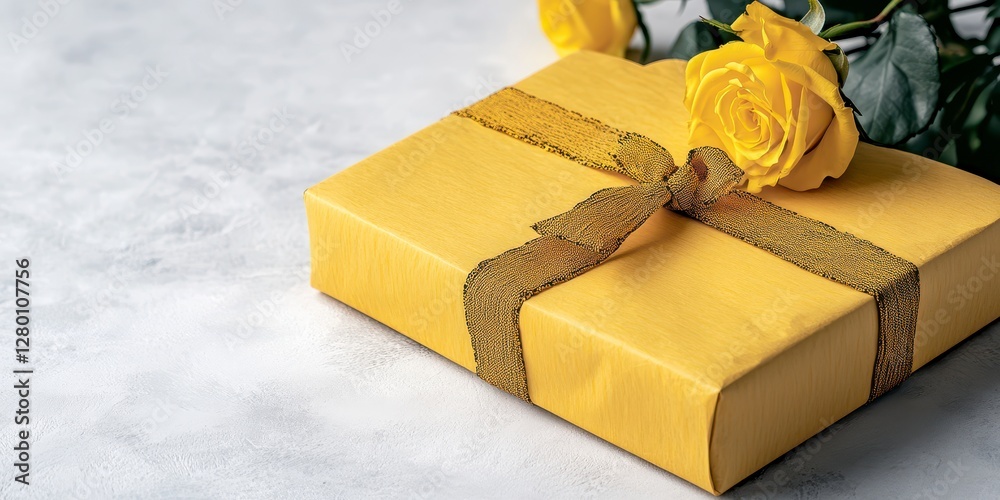 Yellow Gift Box with Black Ribbon and Roses
