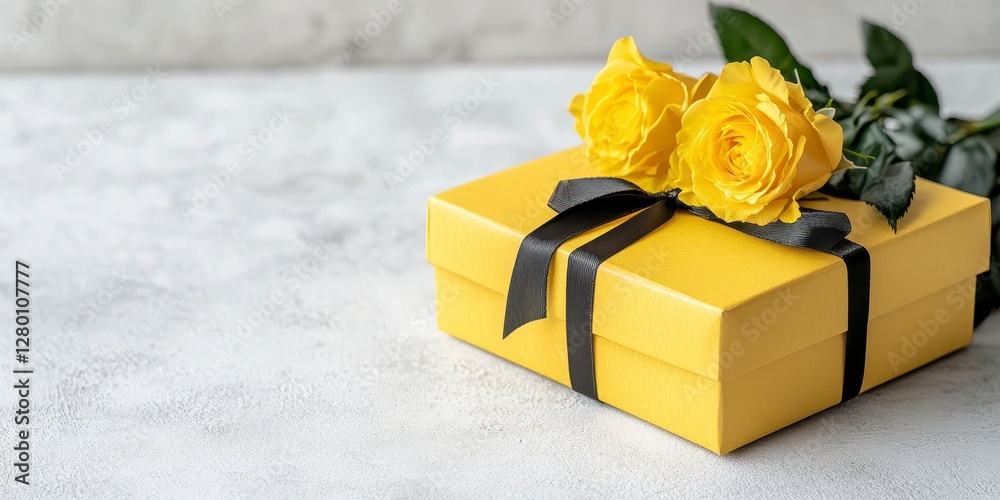 Yellow Gift Box with Black Ribbon and Yellow Roses