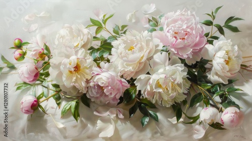 Fototapeta Naklejka Na Ścianę i Meble -  Elegant arrangement of white and pink peonies on a light background