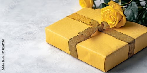 Obraz na płótnie Yellow Gift Box with Black Ribbon and Roses w salonie