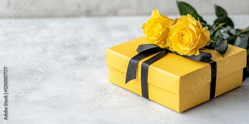 Yellow Gift Box with Black Ribbon and Yellow Roses