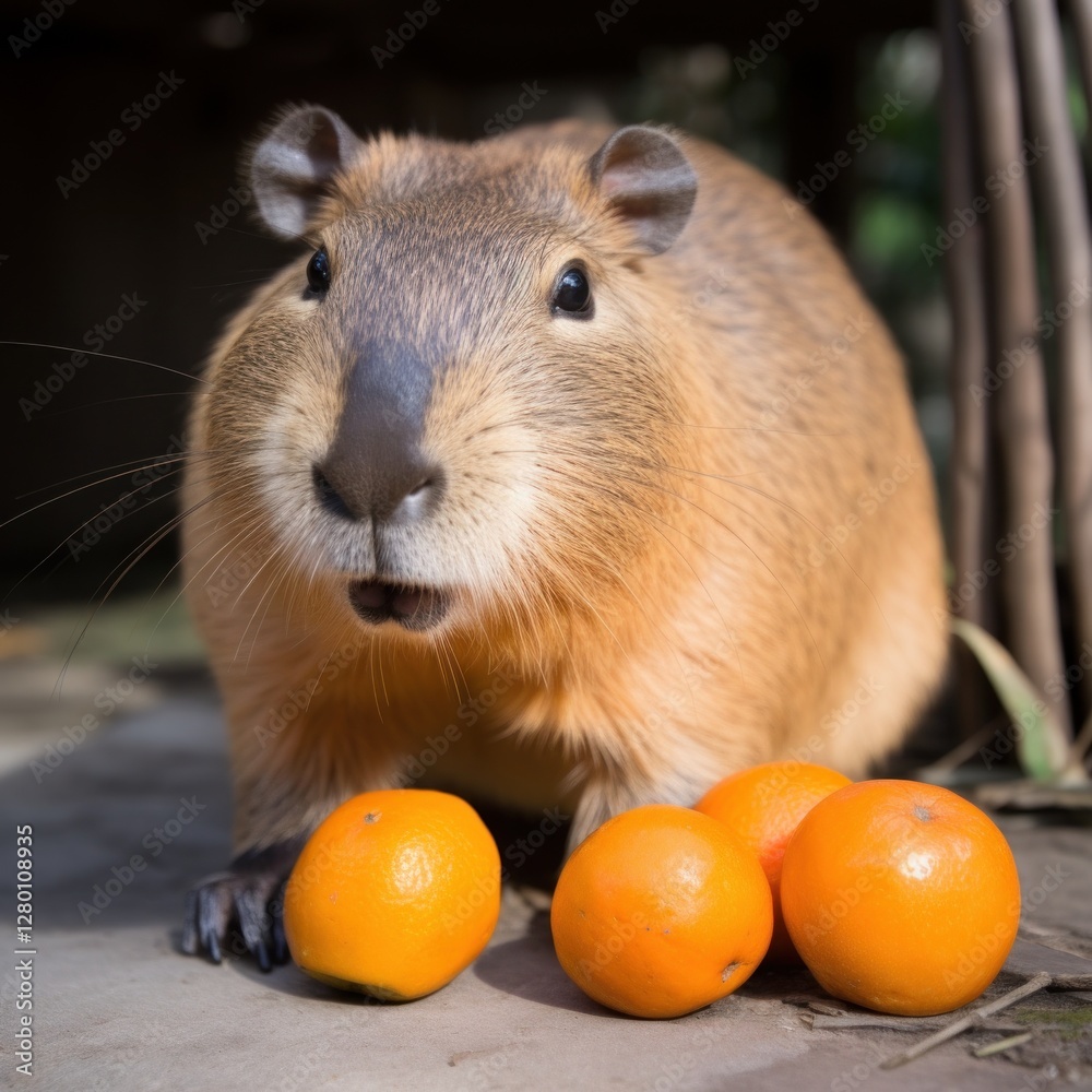 Fototapeta premium Capybara Relaxing Outdoors Next to Fresh Oranges on the Ground