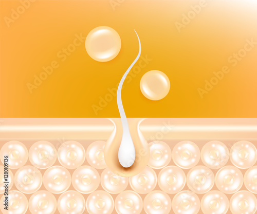 Hyaluronic acid and Niacinamide gray hair and skin solutions ad, gold collagen serum into skin cell with cosmetic advertising background ready to use, illustration vector.