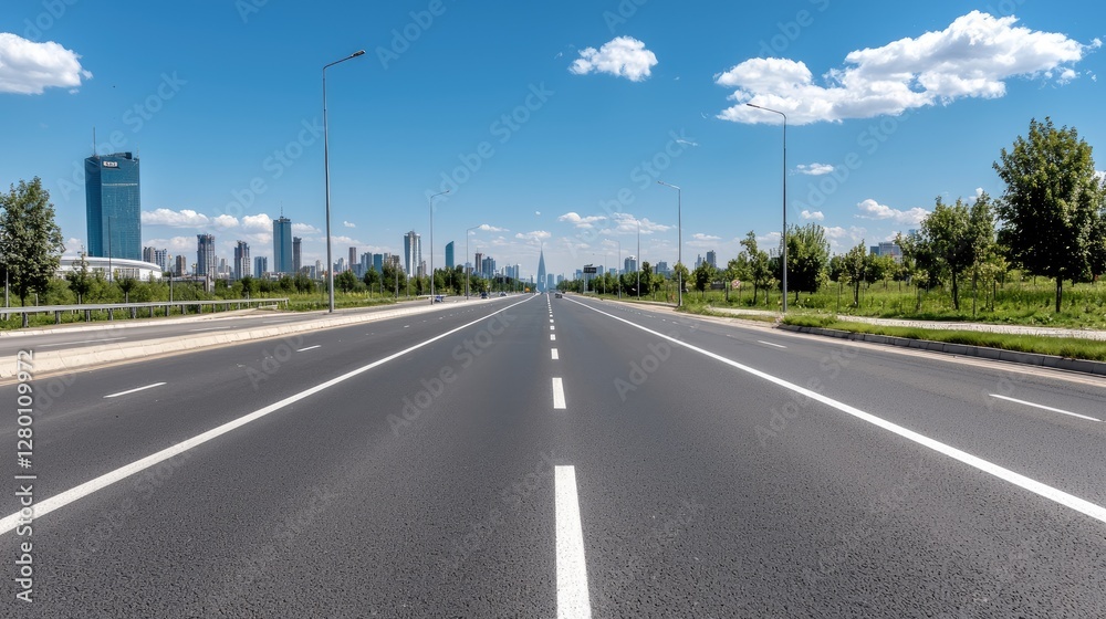 Empty highway leading to city skyline Empty highway leading to city skyline
