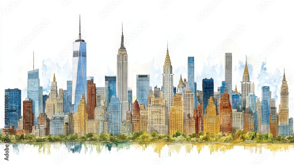 Fototapeta premium Watercolor cityscape illustration showcases urban skyline and architectural landmarks with artistic flair capturing the city essence