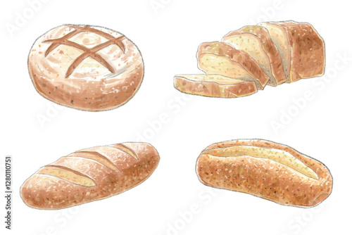 Watercolor style bread hand drawn illustration set