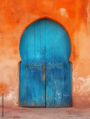 Bright Blue Ancient Door Against Orange Wall Showcasing Tradition and History