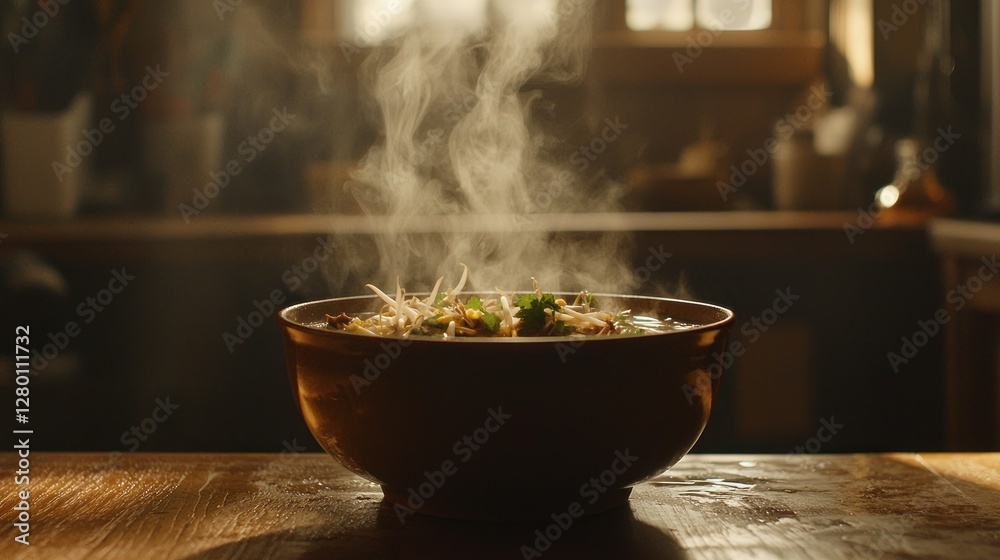 Steaming hot bowl of soup on wooden table. Steaming hot bowl of soup on wooden table.