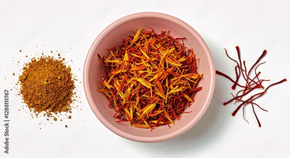 Fototapeta premium A Pink Ceramic Bowl Filled With Golden Yellow Saffron Threads, Surrounded by a Small Amount of Ground Saffron
