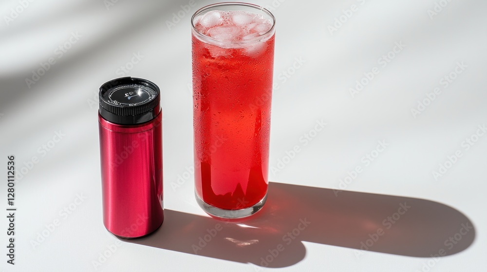 Iced red beverage in glass, beside a metallic thermos. Iced red beverage in glass, beside a metallic thermos.