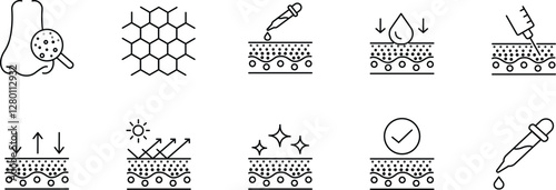 Skincare Science, Hydration, Treatment, and Skin Health Icons.