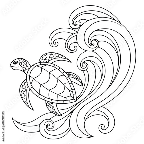 Sea Turtle Coloring Page: Detailed Line Art of Turtle Swimming in Ocean Waves for Relaxation and Creative Fun