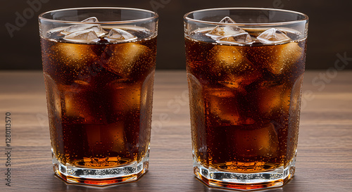 Two Glasses of Cola with Ice Cubes on a Wooden Table

