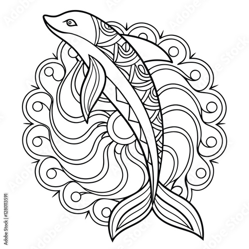 Dolphin Mandala Coloring Page: Intricate Zentangle Style Animal Illustration for Relaxation and Creative Art Therapy Activities