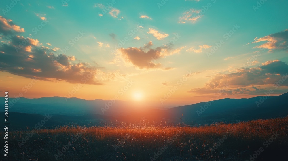 Sunset over a mountain meadow, vibrant colors of orange and yellow reflecting on the horizon. Sunset over a mountain meadow, vibrant colors of orange and yellow reflecting on the horizon.