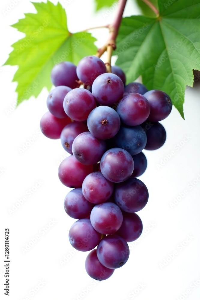 Fototapeta premium White background with isolated dark purple grapevine and some green leaves, grapevine, closeup, purple