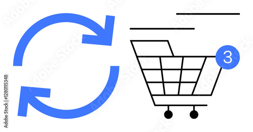Shopping cart with three items notification alongside blue circular update arrows, denoting continuous online shopping. Ideal for e-commerce, retail, shopping apps, updates, cart management, stock