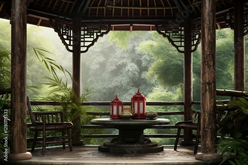 Traditional wooden gazebo with red lanterns amidst lush green bamboo forest photo