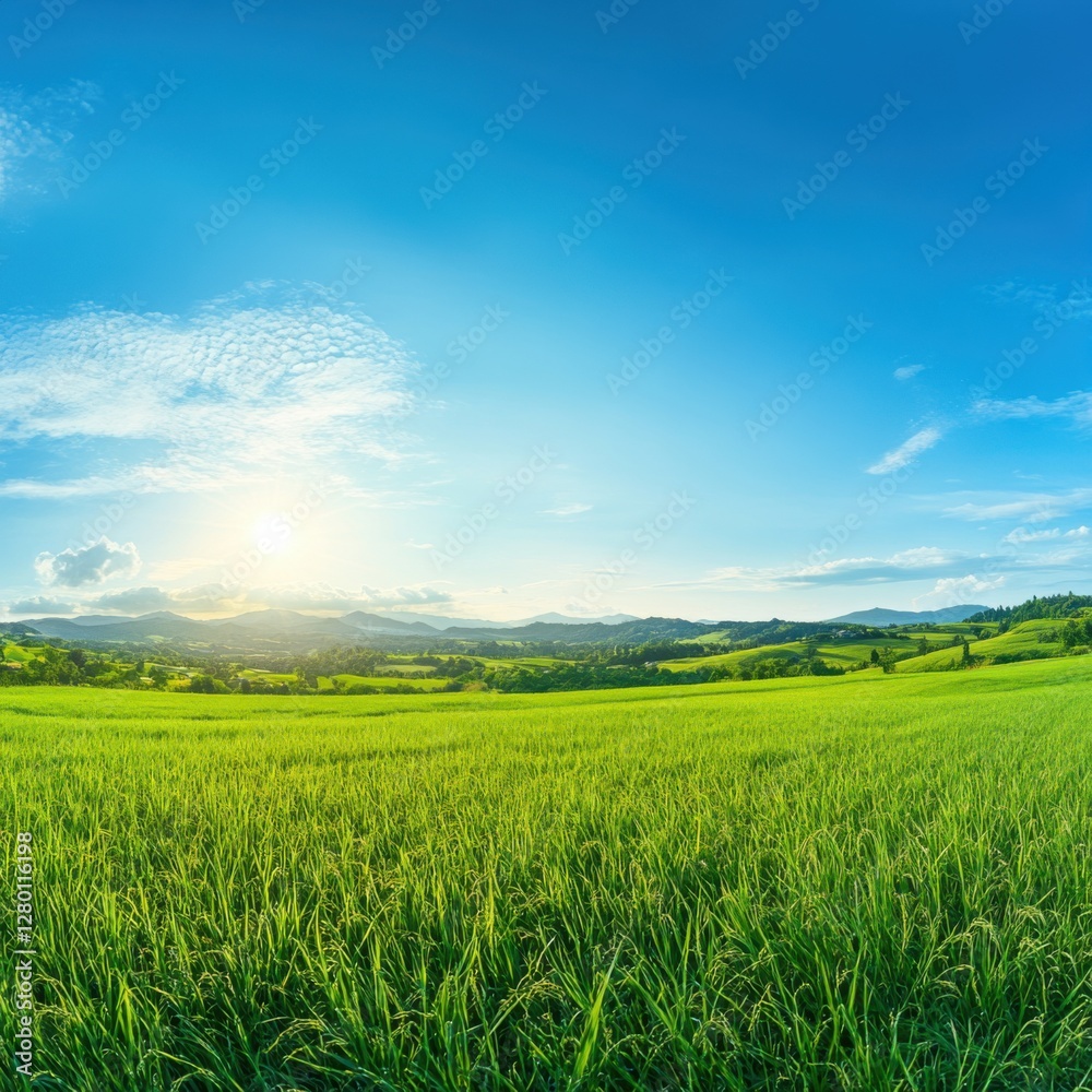 Fototapeta premium Serene Summer Landscape: Lush Green Fields Under a Bright Blue Sky