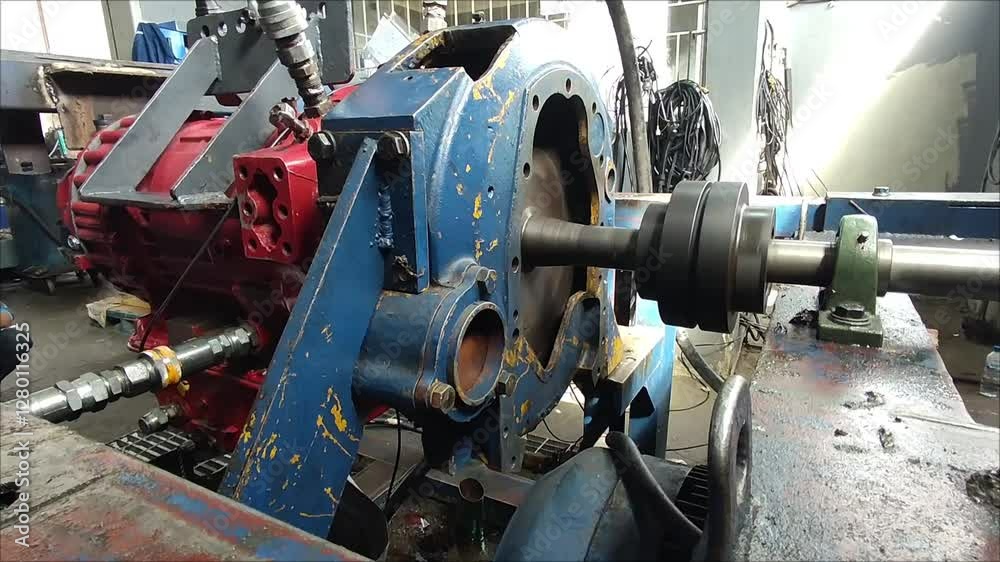 Allison Transmission HT 750 and CLT 750 series Dyno Test in a Professional Automotive Workshop or Test bench at Balikpapan. Red color Allison Transmission HT 750 and CLT 750 series Dyno Test in a Professional Automotive Workshop or Test bench at Balikpapan. Red color