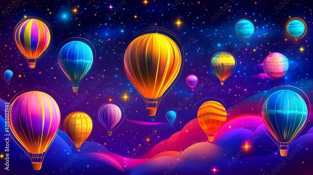 Naklejka premium Pixelated air balloons soaring through a vibrant starry sky whimsical digital art creating an atmosphere of wonder and adventure