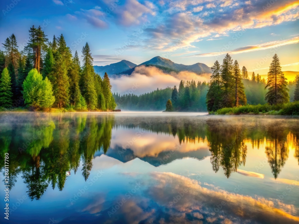 Serene mountain reflections shimmer on a misty lake, a breathtaking morning panorama. Serene mountain reflections shimmer on a misty lake, a breathtaking morning panorama.