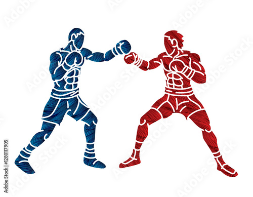 Two Boxers are Fighting  Boxing Sport Kickboxing Action Muay Thai Cartoon Graphic Vector