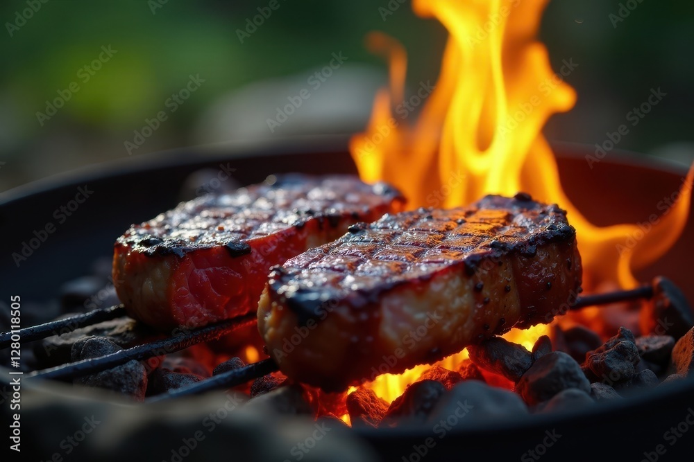 Perfectly seared tomahawk & ribeye steaks sizzling over campfire flames , wilderness, backpacking