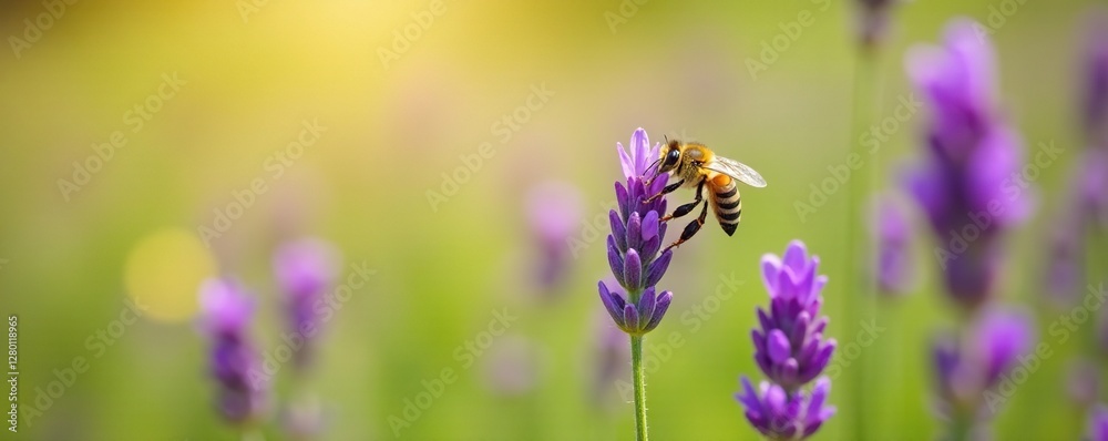 Yellow bee collecting nectar from purple lavender flowers in a sunny meadow, summer, meadow, field