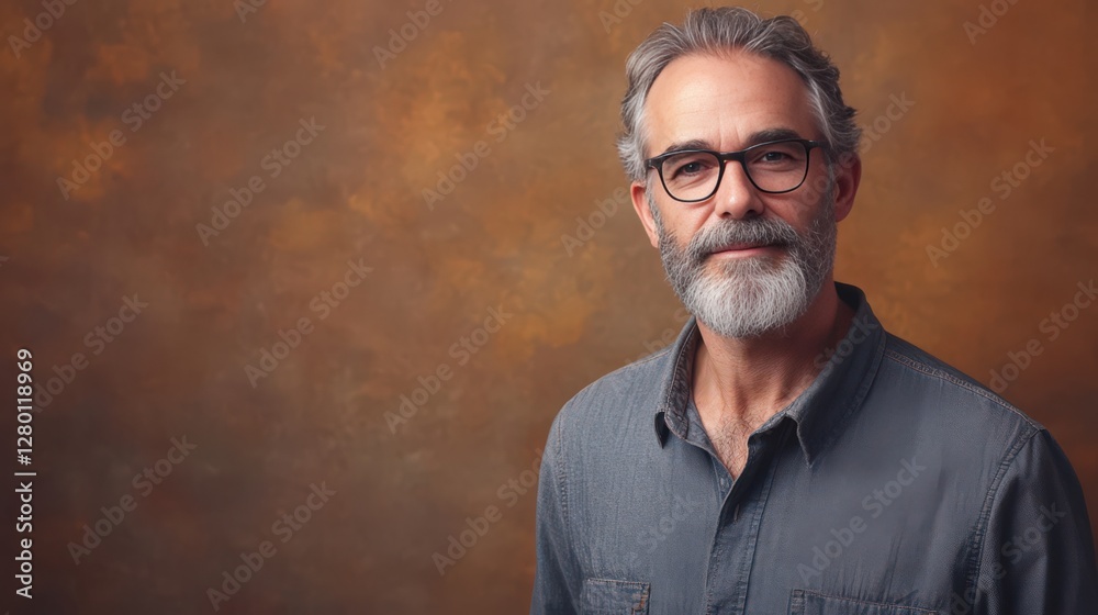 Obraz premium Portrait of a Mature Man with Glasses and a Beard Against a Warm Background